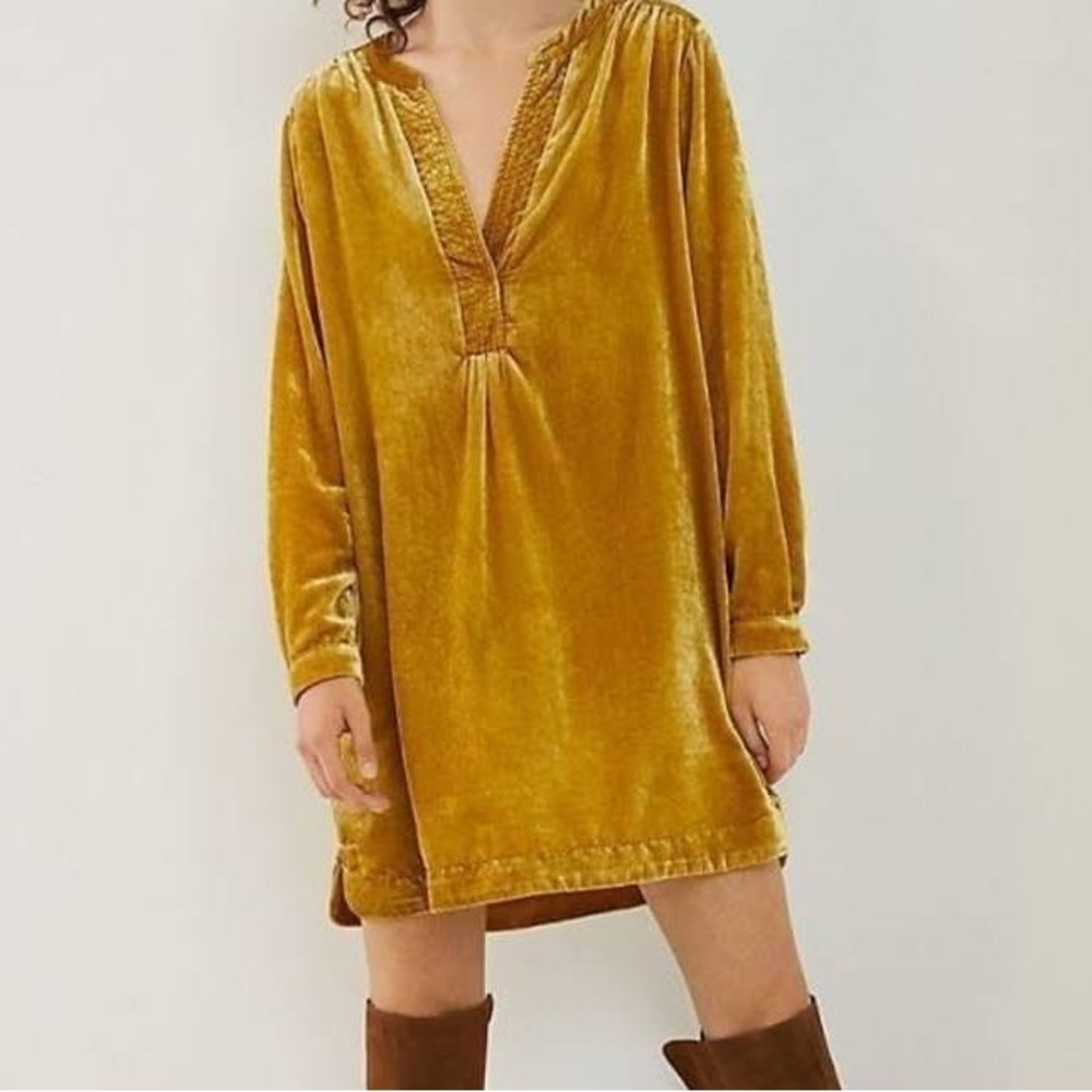 Anthropologie Mustard Crushed Velvet Dress Gem